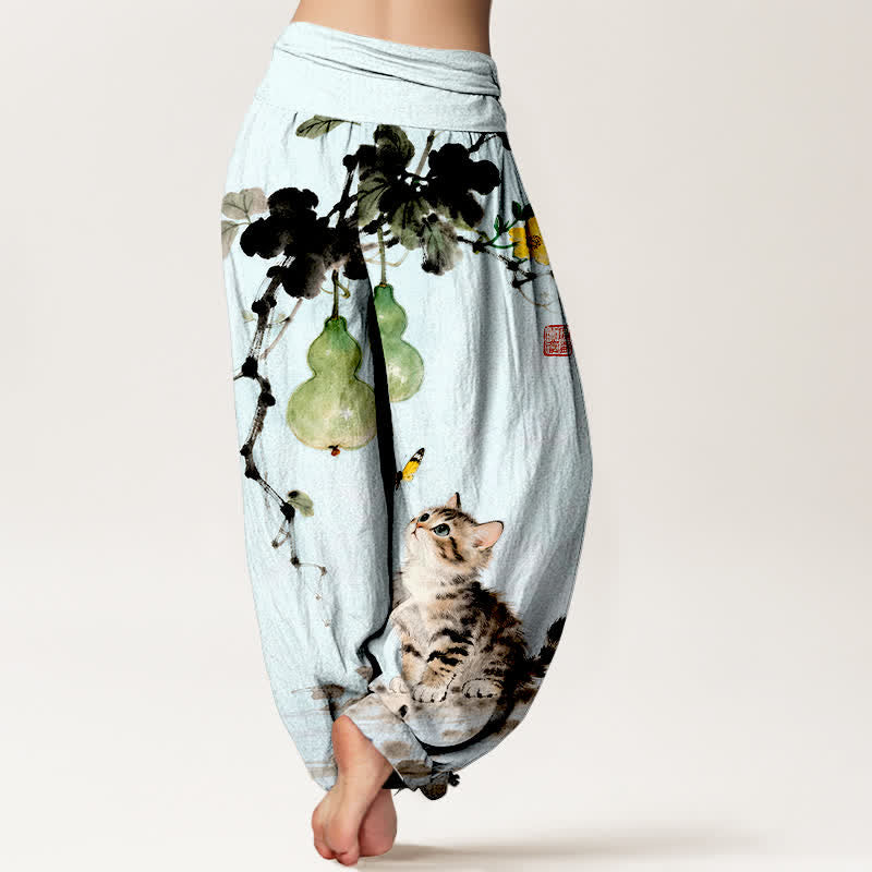 Nimara Ritual Cotton Ink Cat Gourd Pattern Women's Elastic Waist Harem Pants