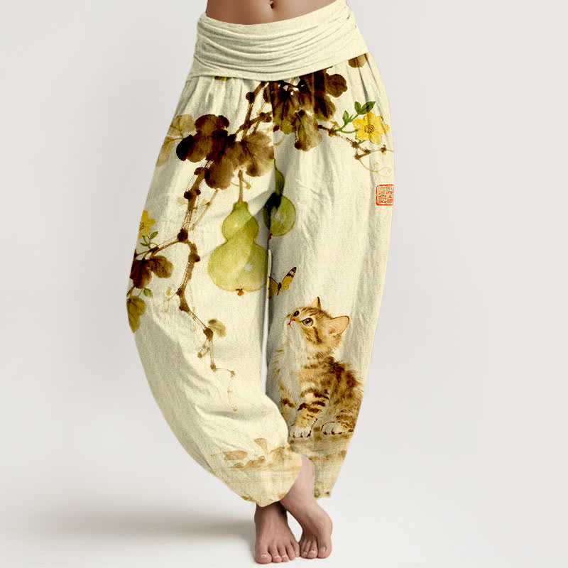 Nimara Ritual Cotton Ink Cat Gourd Pattern Women's Elastic Waist Harem Pants