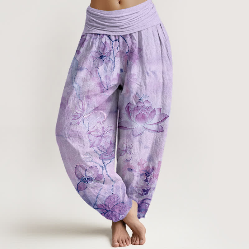 Nimara Ritual Cotton Lotus Bloom Dragonfly Pattern Women's Elastic Waist Harem Pants