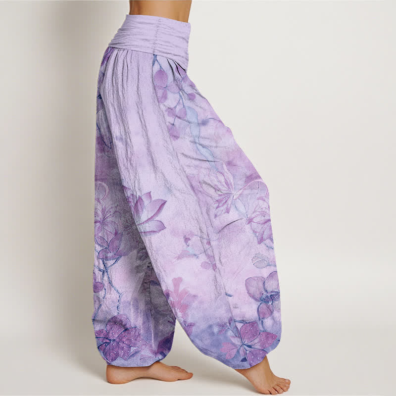 Nimara Ritual Cotton Lotus Bloom Dragonfly Pattern Women's Elastic Waist Harem Pants