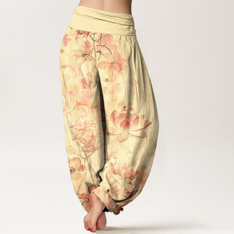 Nimara Ritual Cotton Lotus Bloom Dragonfly Pattern Women's Elastic Waist Harem Pants