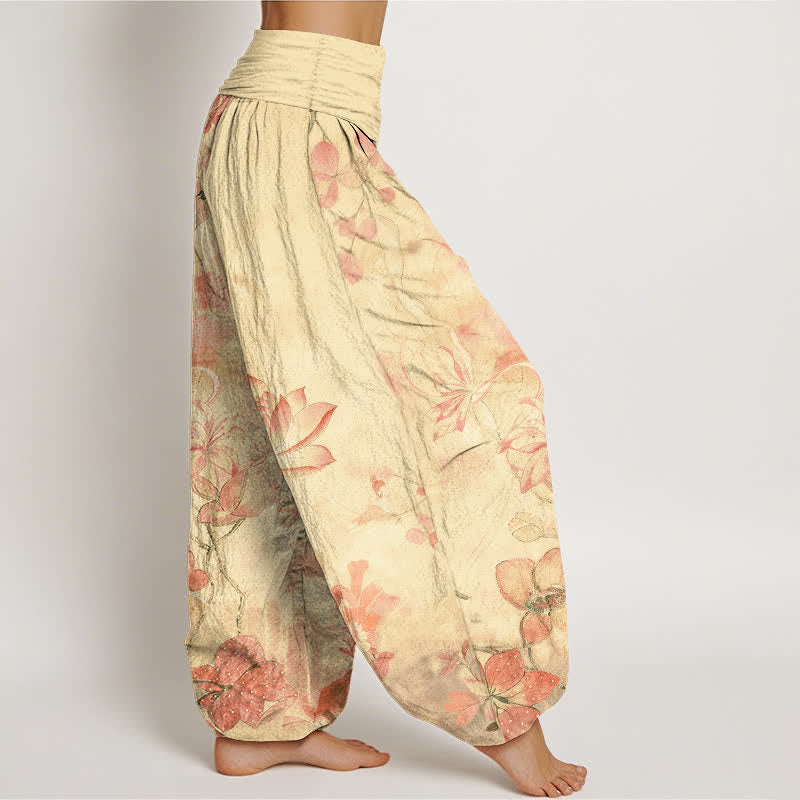 Nimara Ritual Cotton Lotus Bloom Dragonfly Pattern Women's Elastic Waist Harem Pants