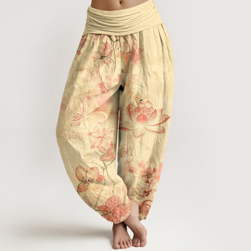 Nimara Ritual Cotton Lotus Bloom Dragonfly Pattern Women's Elastic Waist Harem Pants