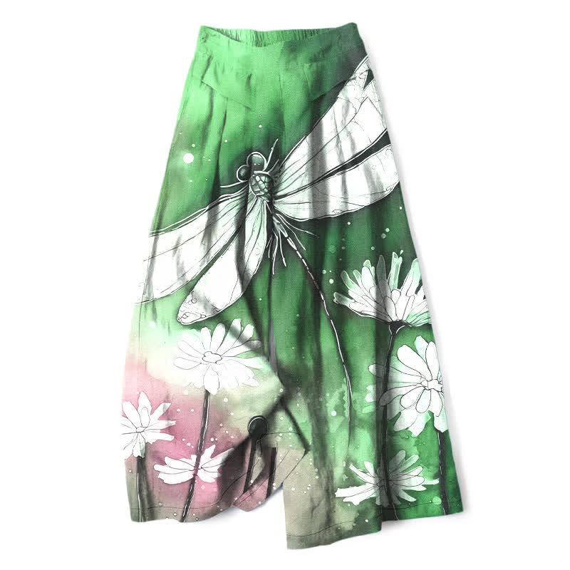 Nimara Ritual Cotton Linen Dragonfly Daisy Pattern Women's Elastic Waist Wide Leg Pants With Pockets
