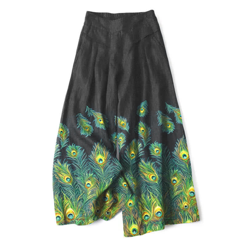 Nimara Ritual Cotton Linen Peacock Feather Pattern Women's Elastic Waist Wide Leg Pants With Pockets