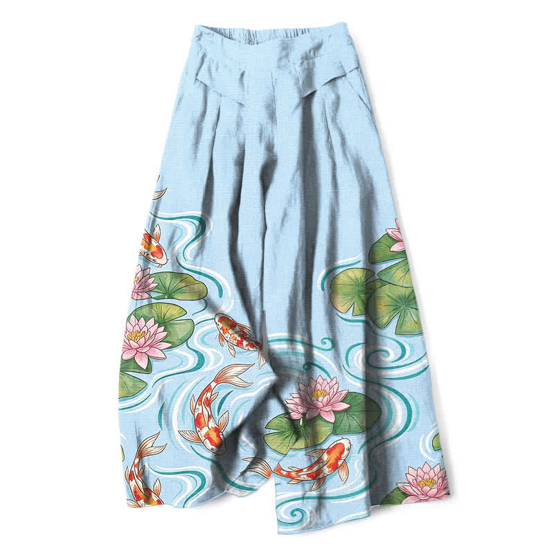 Nimara Ritual Cotton Linen Koi Fish Pink Lotus Pond Pattern Women's Elastic Waist Wide Leg Pants With Pockets