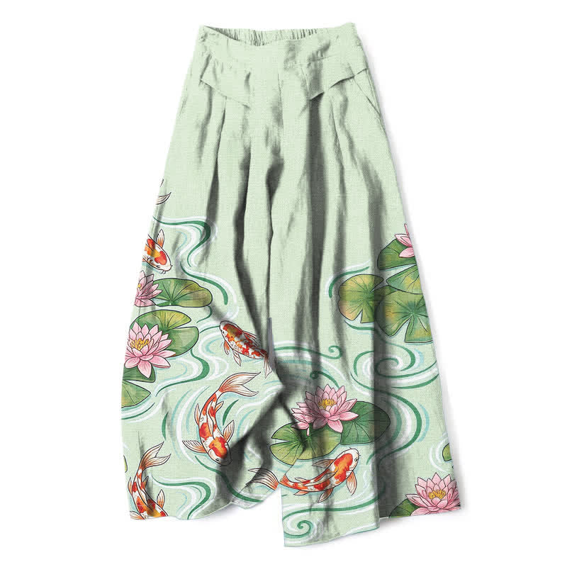 Nimara Ritual Cotton Linen Koi Fish Pink Lotus Pond Pattern Women's Elastic Waist Wide Leg Pants With Pockets