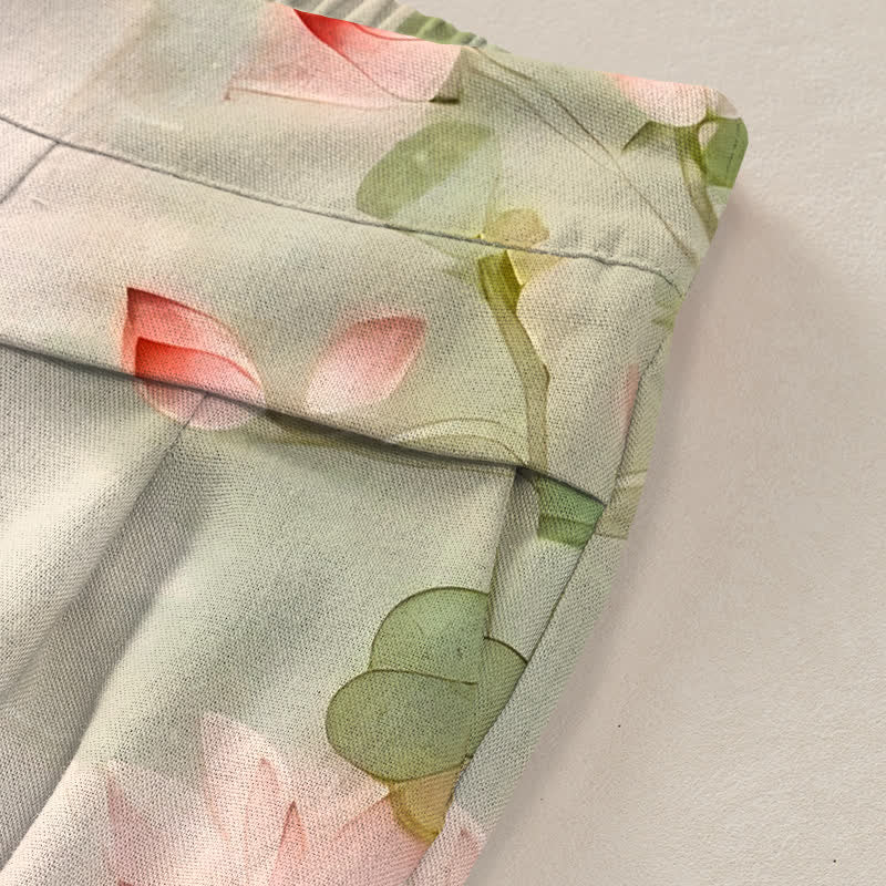 Nimara Ritual Cotton Linen Crane Lotus Pattern Women's Elastic Waist Wide Leg Pants With Pockets