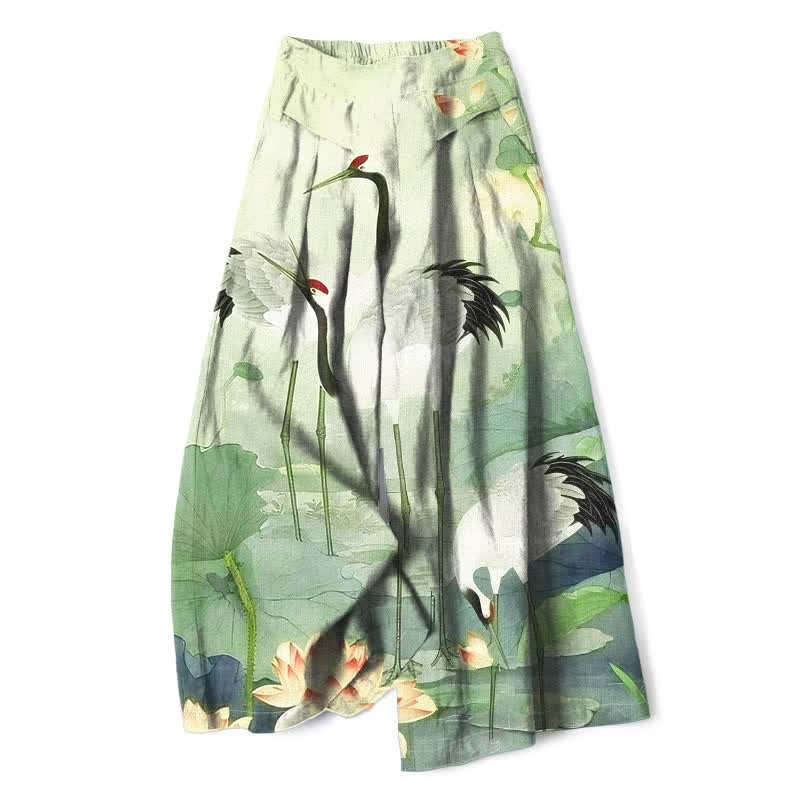 Nimara Ritual Cotton Linen Crane Lotus Pattern Women's Elastic Waist Wide Leg Pants With Pockets