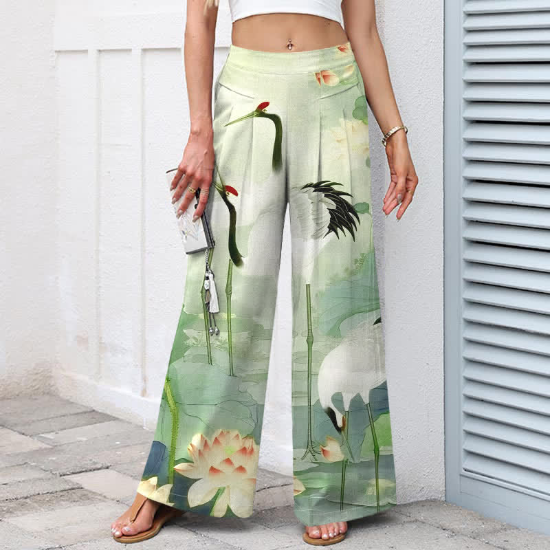 Nimara Ritual Cotton Linen Crane Lotus Pattern Women's Elastic Waist Wide Leg Pants With Pockets