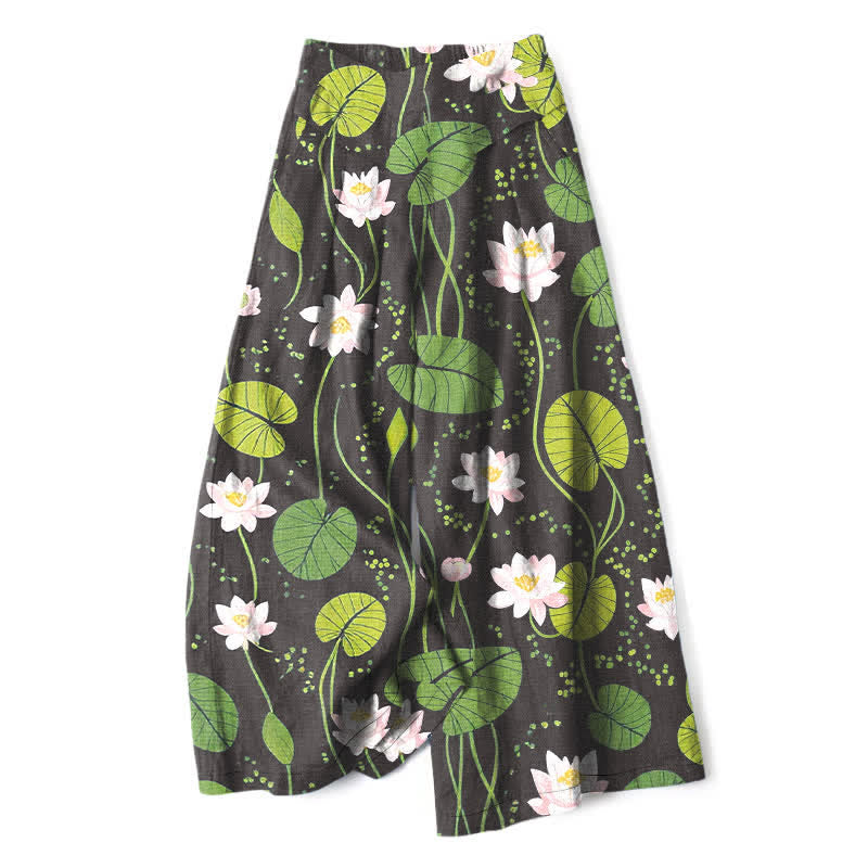 Nimara Ritual Cotton Linen Lotus Green Leaf Pattern Women's Elastic Waist Wide Leg Pants With Pockets