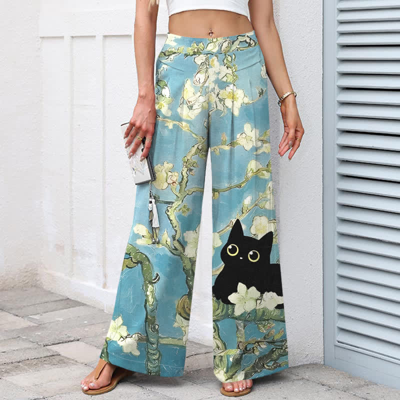 Nimara Ritual Cotton Linen Blue Floral Cat Pattern Women's Elastic Waist Wide Leg Pants With Pockets