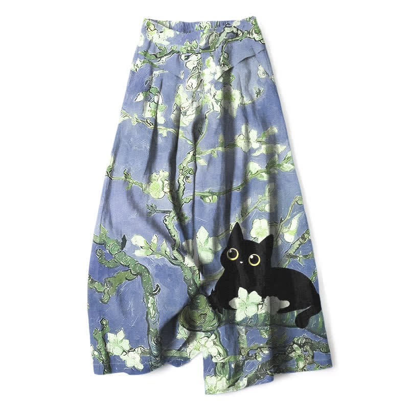 Nimara Ritual Cotton Linen Blue Floral Cat Pattern Women's Elastic Waist Wide Leg Pants With Pockets