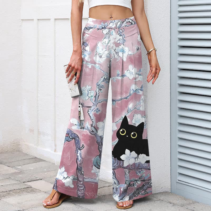 Nimara Ritual Cotton Linen Blue Floral Cat Pattern Women's Elastic Waist Wide Leg Pants With Pockets