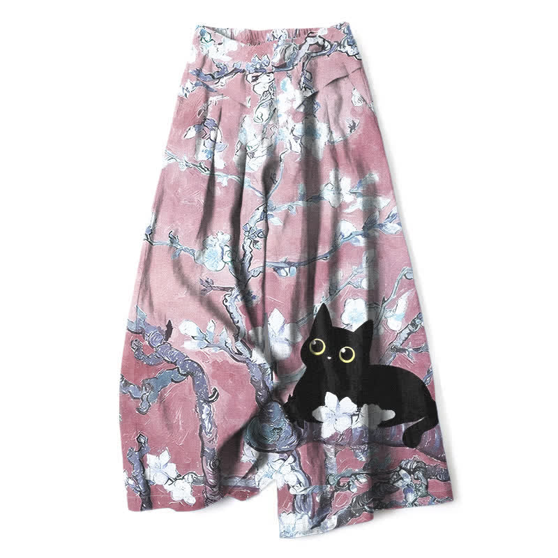 Nimara Ritual Cotton Linen Blue Floral Cat Pattern Women's Elastic Waist Wide Leg Pants With Pockets