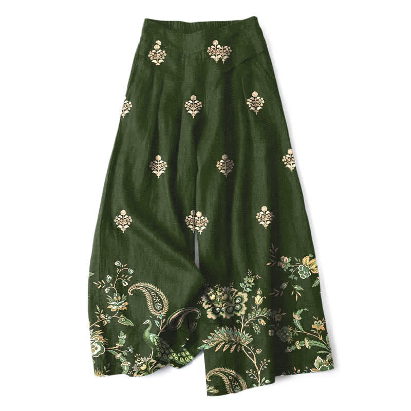 Nimara Ritual Cotton Linen Bohemian Floral Paisley Pattern Women's Elastic Waist Wide Leg Pants With Pockets