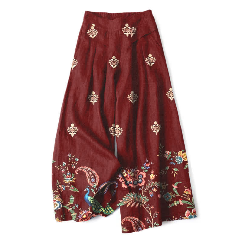 Nimara Ritual Cotton Linen Bohemian Floral Paisley Pattern Women's Elastic Waist Wide Leg Pants With Pockets