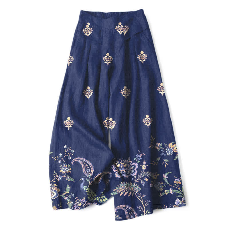 Nimara Ritual Cotton Linen Bohemian Floral Paisley Pattern Women's Elastic Waist Wide Leg Pants With Pockets
