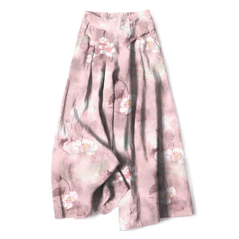 Nimara Ritual Cotton Linen Watercolor Lotus Leaves Floral Pattern Women's Elastic Waist Wide Leg Pants With Pockets