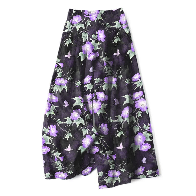Nimara Ritual Cotton Linen Blue Floral Leaves Pattern Women's Elastic Waist Wide Leg Pants With Pockets