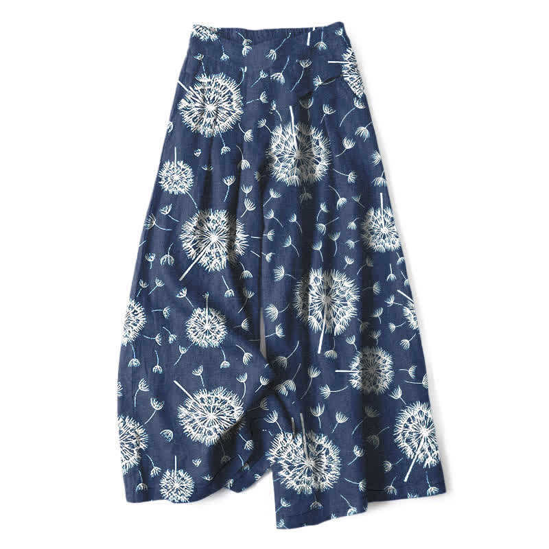 Nimara Ritual Cotton Linen White Dandelion Pattern Women's Elastic Waist Wide Leg Pants With Pockets