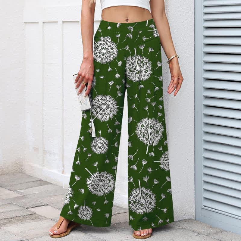 Nimara Ritual Cotton Linen White Dandelion Pattern Women's Elastic Waist Wide Leg Pants With Pockets