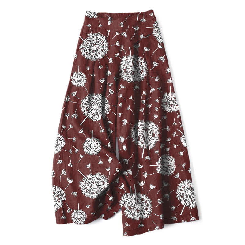 Nimara Ritual Cotton Linen White Dandelion Pattern Women's Elastic Waist Wide Leg Pants With Pockets