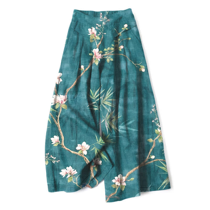 Nimara Ritual Cotton Linen Oriental Light Pink Floral Pattern Women's Elastic Waist Wide Leg Pants With Pockets