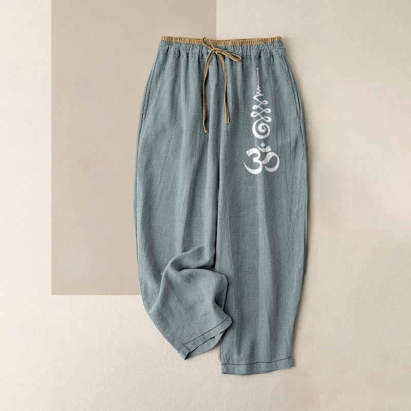 Nimara Ritual Pure Cotton Om Symbol Pattern Women's Elastic Waist Pants With Pockets