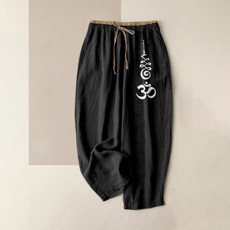 Nimara Ritual Pure Cotton Om Symbol Pattern Women's Elastic Waist Pants With Pockets