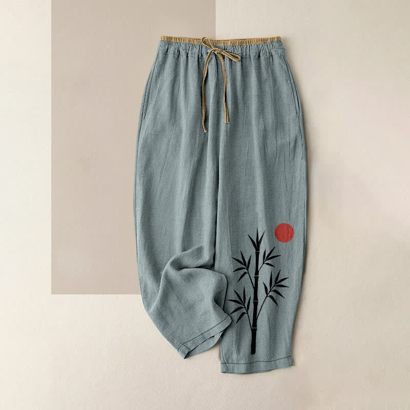 Nimara Ritual Cotton Zen Bamboo Pattern Women's Elastic Waist Pants With Pockets