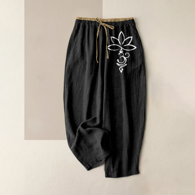Nimara Ritual Pure Cotton Lotus Om Pattern Women's Elastic Waist Pants With Pockets