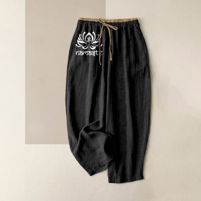 Nimara Ritual Pure Cotton Namaste Lotus Pattern Women's Elastic Waist Pants With Pockets