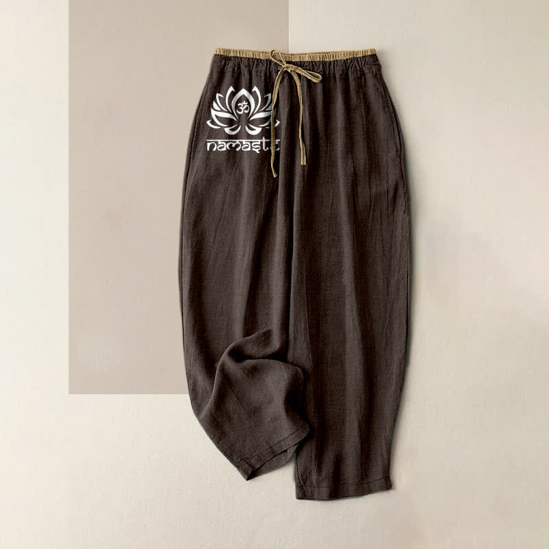 Nimara Ritual Pure Cotton Namaste Lotus Pattern Women's Elastic Waist Pants With Pockets