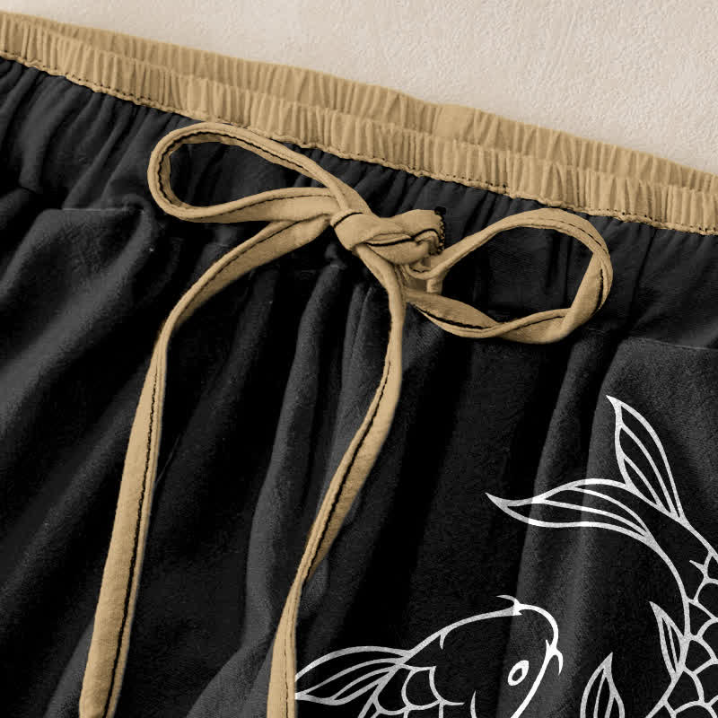 Nimara Ritual Pure Cotton Zen Koi Fish Pattern Women's Elastic Waist Pants With Pockets