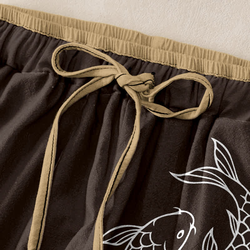 Nimara Ritual Pure Cotton Zen Koi Fish Pattern Women's Elastic Waist Pants With Pockets