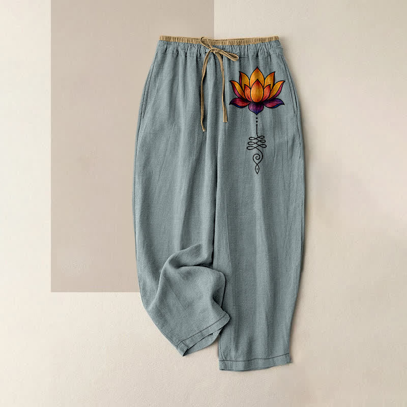 Nimara Ritual Pure Cotton Orange Lotus Pattern Women's Elastic Waist Pants With Pockets