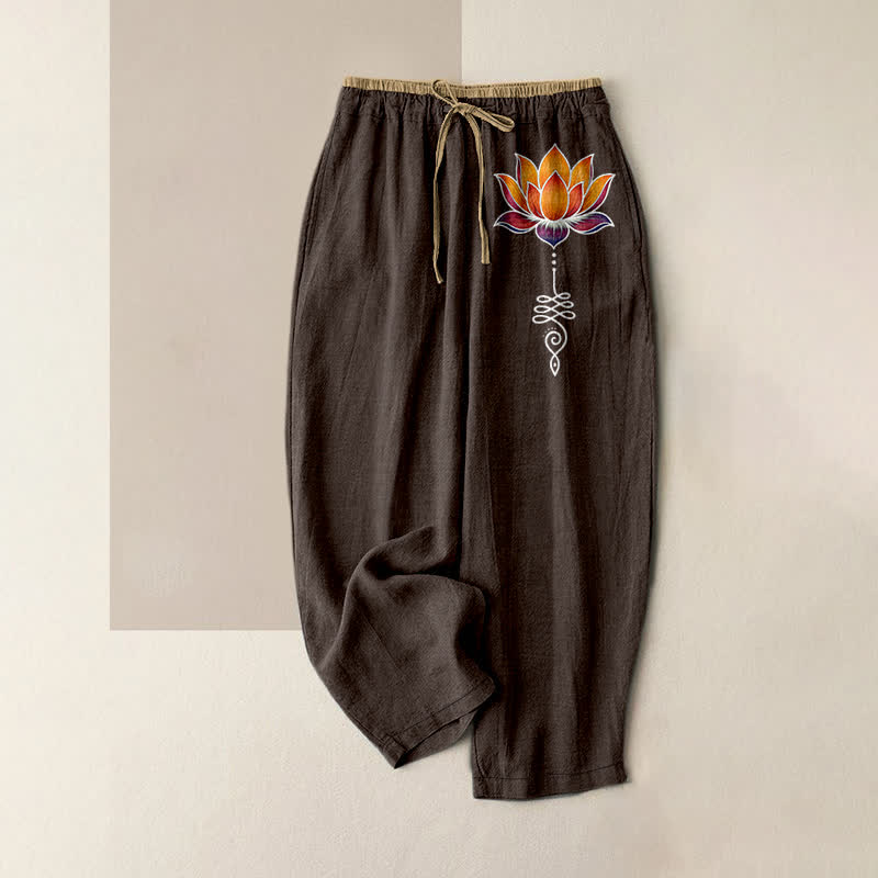 Nimara Ritual Pure Cotton Orange Lotus Pattern Women's Elastic Waist Pants With Pockets
