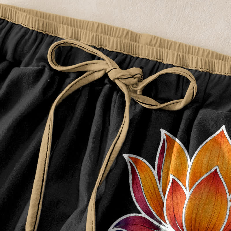 Nimara Ritual Pure Cotton Orange Lotus Pattern Women's Elastic Waist Pants With Pockets