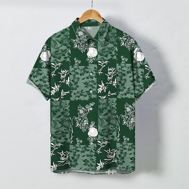 Nimara Ritual Blue Plaid Floral Pattern Buttons Breathable Men's Short Sleeve Shirt