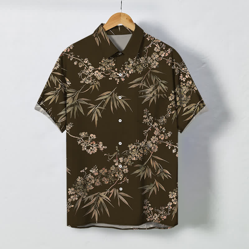 Nimara Ritual Bamboo Plum Blossom Pattern Buttons Breathable Men's Short Sleeve Shirt