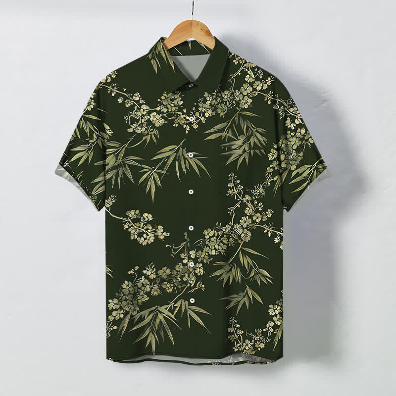 Nimara Ritual Bamboo Plum Blossom Pattern Buttons Breathable Men's Short Sleeve Shirt