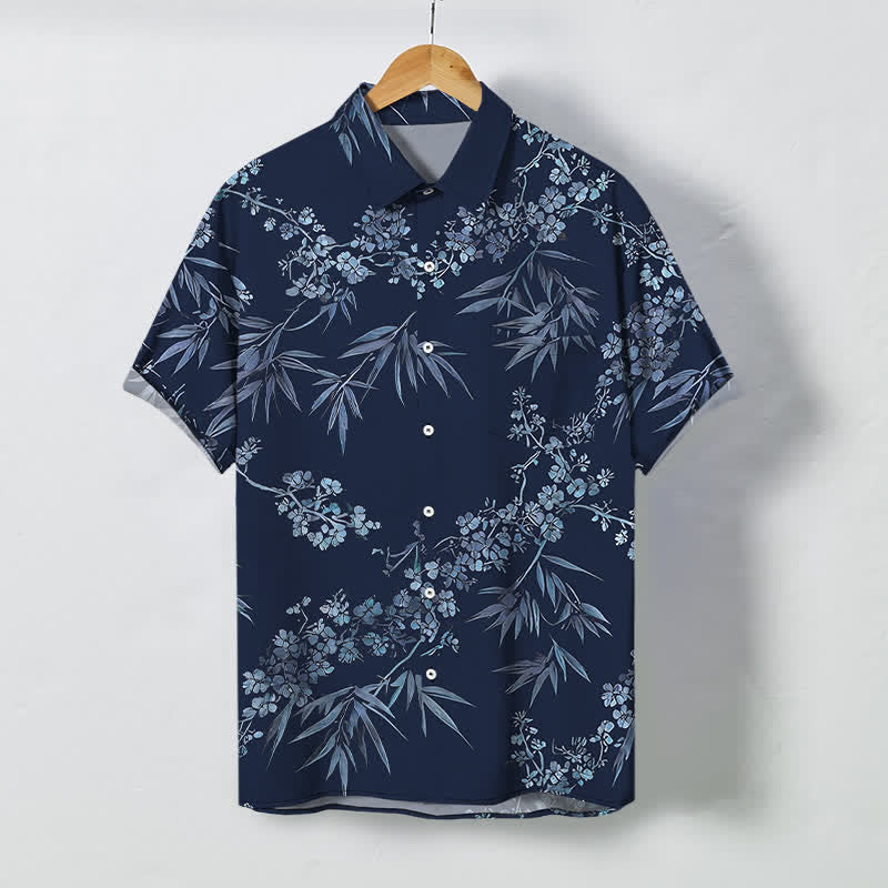 Nimara Ritual Bamboo Plum Blossom Pattern Buttons Breathable Men's Short Sleeve Shirt
