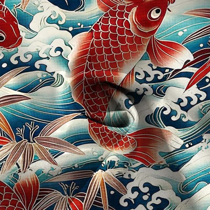 Nimara Ritual Koi Wave Bamboo Pattern Buttons Breathable Men's Short Sleeve Shirt
