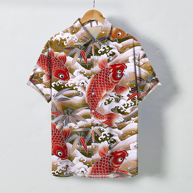 Nimara Ritual Koi Wave Bamboo Pattern Buttons Breathable Men's Short Sleeve Shirt