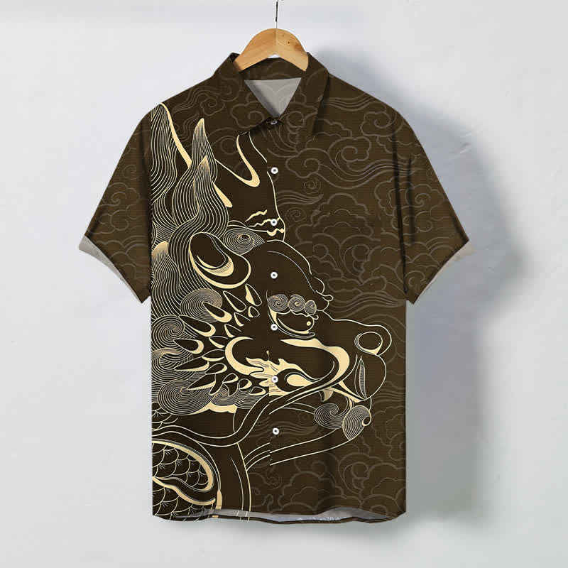 Nimara Ritual Golden Dragon Cloud Pattern Buttons Wrinkle-resistant Men's Short Sleeve Shirt