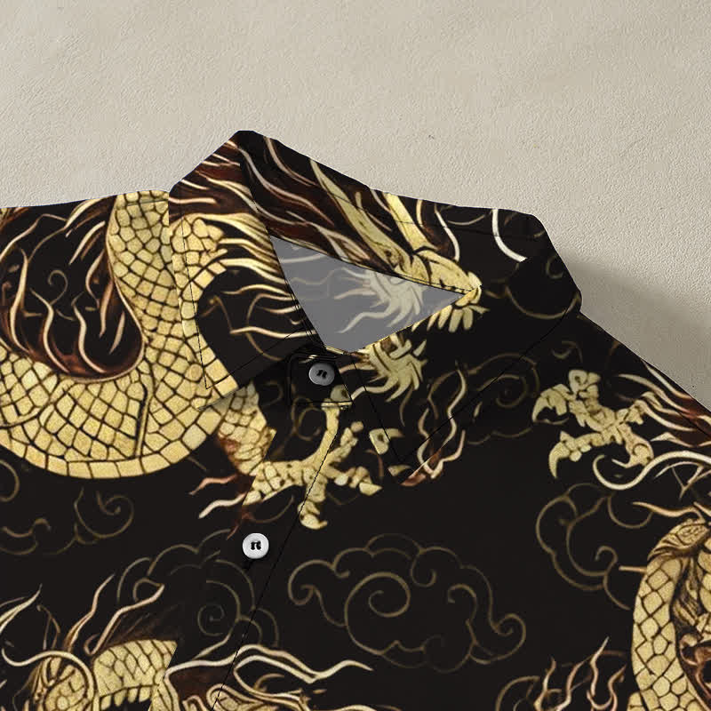 Nimara Ritual Golden Dragon Cloud Pattern Buttons Wrinkle-resistant Men's Short Sleeve Shirt