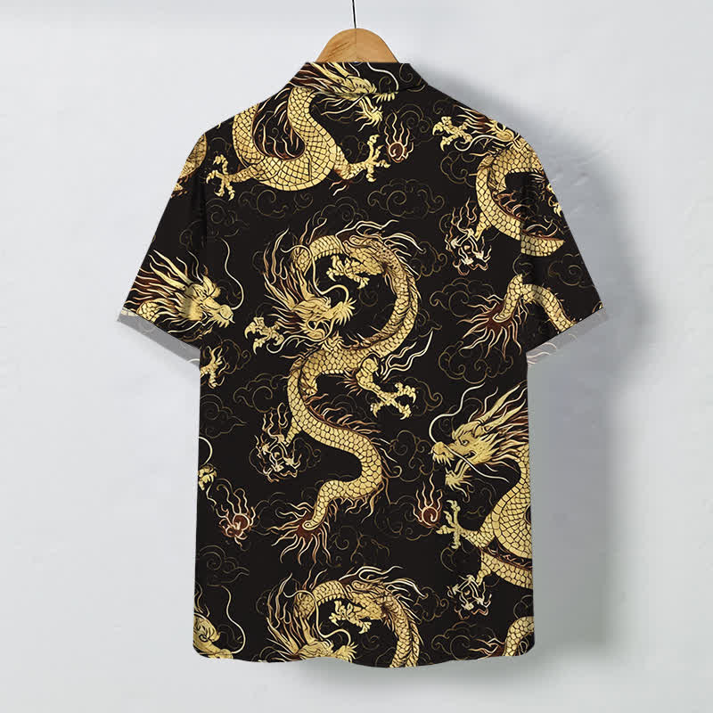 Nimara Ritual Golden Dragon Cloud Pattern Buttons Wrinkle-resistant Men's Short Sleeve Shirt