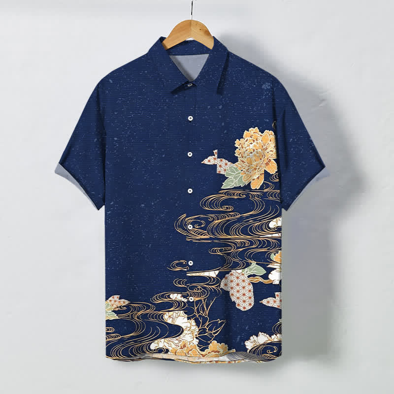 Nimara Ritual Lotus Wave Cloud Pattern Buttons Breathable Men's Short Sleeve Shirt