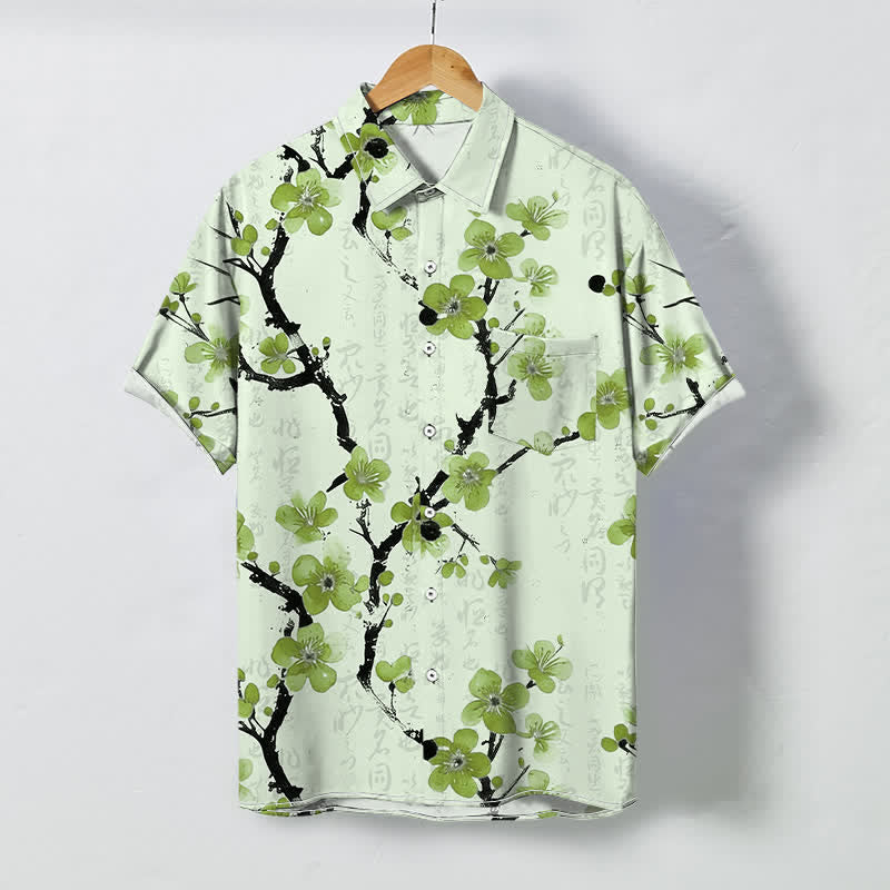 Nimara Ritual Red Plum Blossom Branch Pattern Buttons Wrinkle-resistant Men's Short Sleeve Shirt